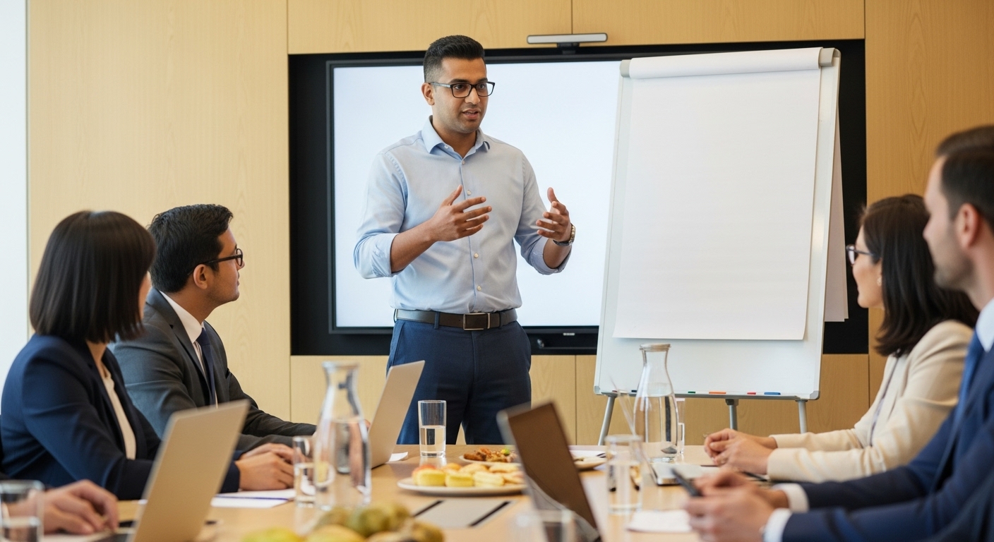 Professional presenting technology strategy to executives in boardroom